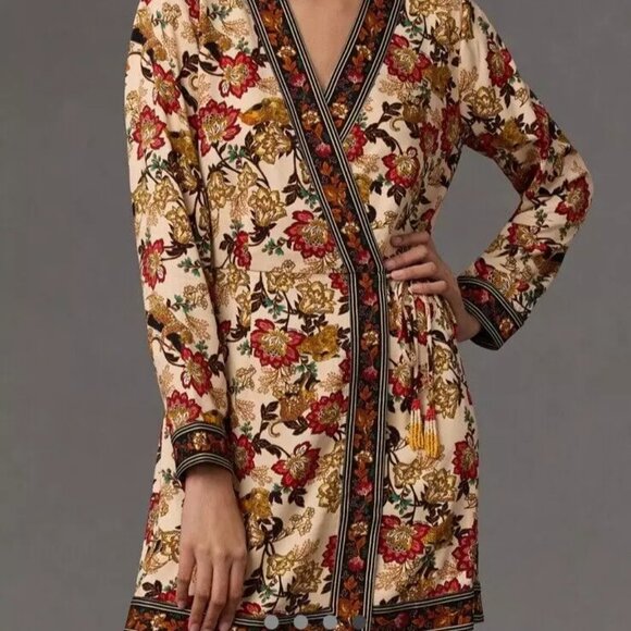 Farm Rio Wrap Style Leopard Fall Floral Mini Dress S XS - Picture 2 of 5